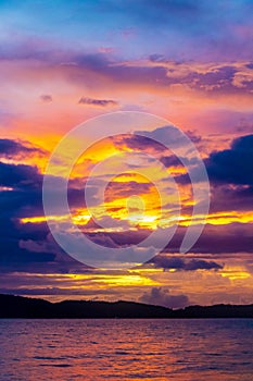 Beautiful stunning colorful and golden sunset Ao Nang Beach Thailand