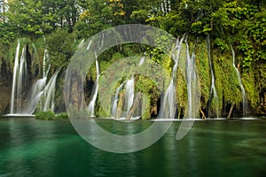 The beautiful and stunning Plitvice Lake National Park, Croatia, wide shot of a waterfall