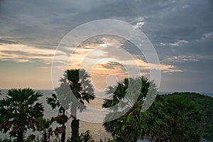 Beautiful stunning scenic panoramic view of the golden sky and reflections on the Andaman sea with palm trees during the sunset at