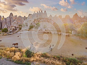 Beautiful stunning view of the mountains of Cappadocia and cave houses. Turkey