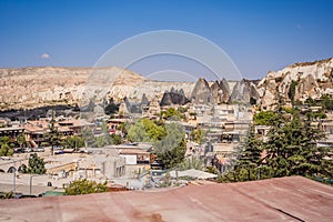 Beautiful stunning view of the mountains of Cappadocia and cave houses. Turkey