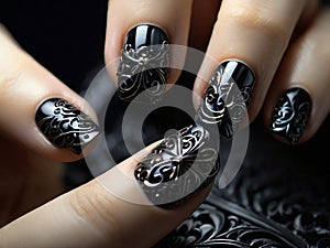 Beautiful style black nail art manicure on female hands