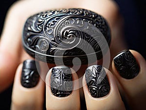 Beautiful style black nail art manicure on female hands