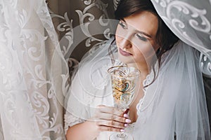 Beautiful stylish brunette bride posing in silk robe under veil with champagne glass in the morning. Happy woman model with