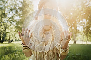 Beautiful stylish countryside woman in the Park close up