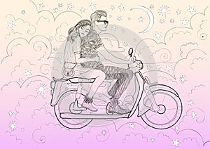 Beautiful stylish couple in love riding a motorbike, moped through the clouds and stars in the night vanilla sky