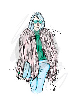 Beautiful stylish girl in a fur coat, trousers and glasses. Fashionable clothes and accessories. Fashion