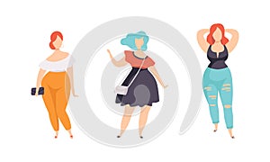 Beautiful Stylish Plump Women Set, Plus Size Overweight Girls in Fashion Clothes, Body Positive Concept Flat Vector