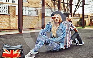 Beautiful stylish young couple outdoor portrait