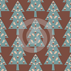 Beautiful stylized trees and acorns vector seamless pattern background. Scandi nordic style forest decorated with nuts