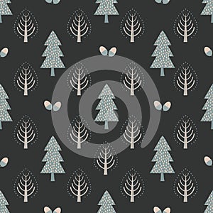 Beautiful stylized trees and pairs of acorns.Vector seamless pattern background. Scandi nordic style forest with nuts on