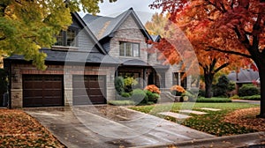 Beautiful Suburban Home residential neighborhood Autumn Season Day Blue Sky