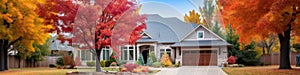 Beautiful Suburban Home residential neighborhood Autumn Season Day Blue Sky