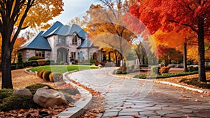 Beautiful Suburban Home residential neighborhood Autumn Season Day Blue Sky.