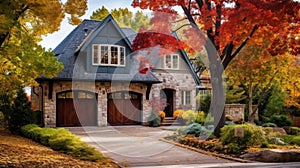 Beautiful Suburban Home residential neighborhood Autumn Season Day Blue Sky.