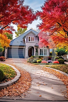 Beautiful Suburban Home residential neighborhood Autumn Season Day Blue Sky.