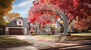 Beautiful Suburban Home residential neighborhood Autumn Season Day Blue Sky