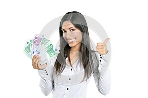 Beautiful success businesswoman holding Euro notes