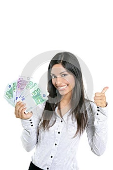 Beautiful success businesswoman holding Euro notes