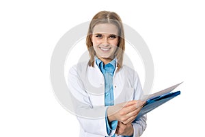Beautiful successful female doctor with clipboard