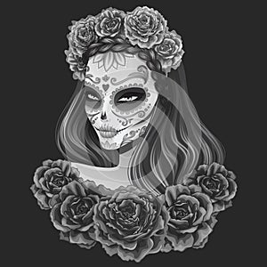 Beautiful sugar skull woman illustration Day of dead