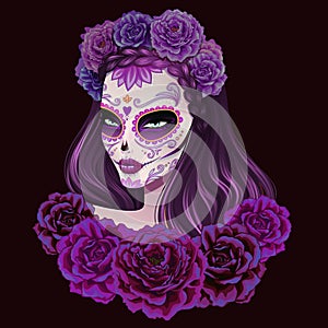 Beautiful sugar skull woman illustration. Day of dead illustration.