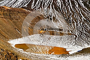 Beautiful sulphide water with mirror reflection of the snow covered volcano, detail view of Mount Ngauruhoe, New Zealand