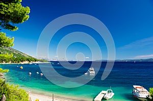 Beautiful Summer Adriatic Sea coastline view with pine tree yachts and boats, island Brac, Croatia