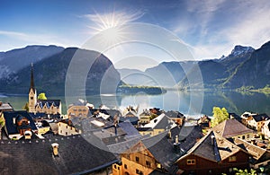 Beautiful summer Alpine Hallstatt Town and lake Hallstatter See view Austria