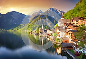 Beautiful summer Alpine Hallstatt Town and lake Hallstatter See view Austria