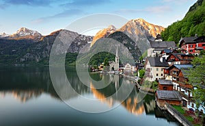 Beautiful summer Alpine Hallstatt Town and lake Hallstatter See view Austria photo