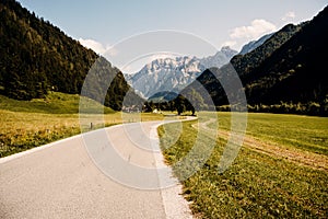 Beautiful summer alpine landscape. Logar valley or Logarska dolina, Kamnik Savinja Alps, Slovenia, Europe.