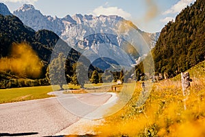 Beautiful summer alpine landscape. Logar valley or Logarska dolina, Kamnik Savinja Alps, Slovenia, Europe.