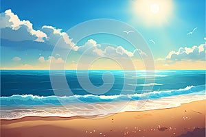 Beautiful summer beach background with sea and sky. Vector illustration.