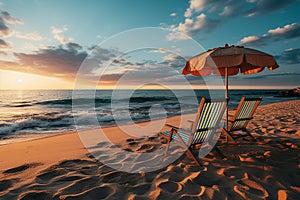 Beautiful summer beach. Two chairs, sun loungers and beach umbrella on the sandy beach against the backdrop of the sea in sunset.