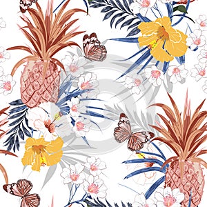 Beautiful Summer bright tropical forest exotic colorful flowers, palm leaves on white background seamless vector pattern