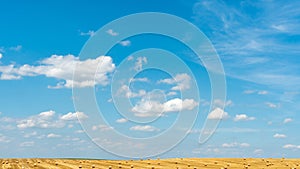 Beautiful summer countryside landscape. Blue sky and fluffy clouds over a rural field with wheat and other cereals. Bales of hay