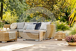 Summer day in elegant home garden with trendy furniture photo
