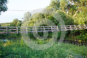 Beautiful summer day shot of an old narrow wooden hanging bridge over Nerl river with high green grass, vibrant vegetation, tall