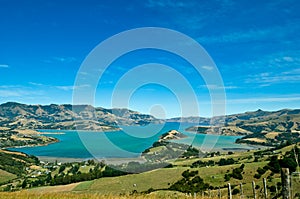 Beautiful summer day view into the Akaroa Harbour