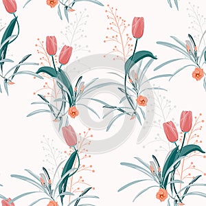 Beautiful summer freshy Trendy Wild blooming flower orange tulip and alstroemeria seamless pattern