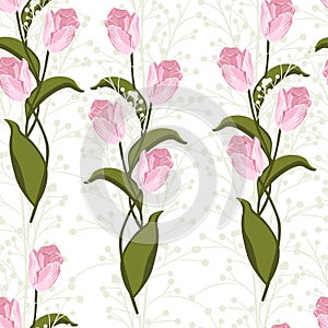 Beautiful summer freshy Trendy Wild blooming flower pink tulip and herbs seamless pattern