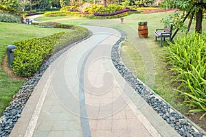 Beautiful summer garden with a walkway winding its way through