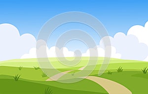 Beautiful summer grassy meadow landscape. Spring nature sunny day. Bright background with cloudy sky in the park, place for text.