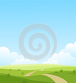 Beautiful summer grassy meadow landscape. Spring nature sunny day. Bright background with cloudy sky in the park, place for text.