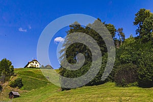 Beautiful summer landscape of Austria, field, meadow and typical traditional house in distance