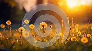 a beautiful summer landscape with dandelions and grass in a field at sunset, sunlight and beautiful nature