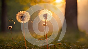 a beautiful summer landscape with dandelions and grass in a forest glade at sunset, sunlight and beautiful nature