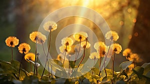 a beautiful summer landscape with dandelions and grass in a forest glade at sunset, sunlight and beautiful nature