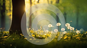 a beautiful summer landscape with dandelions and grass in a forest glade at sunset, sunlight and beautiful nature